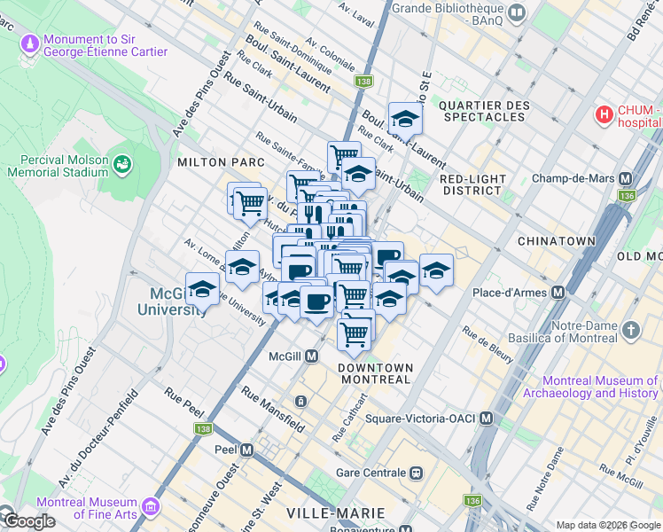 map of restaurants, bars, coffee shops, grocery stores, and more near 405 Rue de la Concorde in Montréal