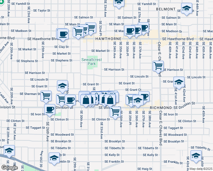 map of restaurants, bars, coffee shops, grocery stores, and more near 3284 Southeast Grant Street in Portland