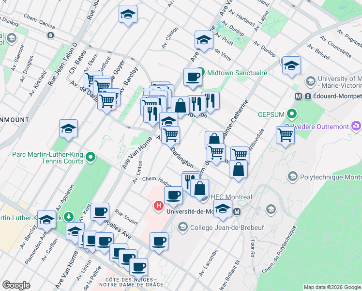 map of restaurants, bars, coffee shops, grocery stores, and more near 2708 Avenue de Soissons in Montréal