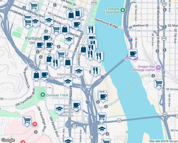 map of restaurants, bars, coffee shops, grocery stores, and more near 2065 Southwest River Parkway in Portland