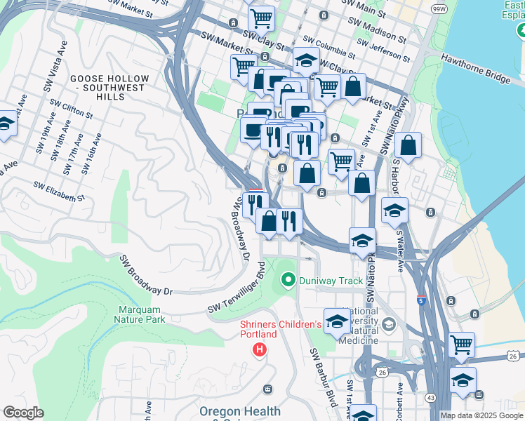 map of restaurants, bars, coffee shops, grocery stores, and more near SW Broadway & SW 6th Ave in Portland