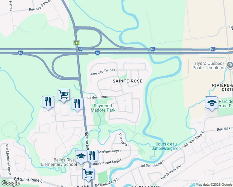 map of restaurants, bars, coffee shops, grocery stores, and more near 263 Rue des Pensées in Gatineau