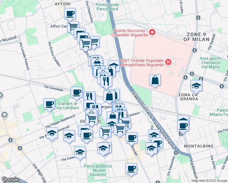 map of restaurants, bars, coffee shops, grocery stores, and more near 3 Via Valeggio in Milano