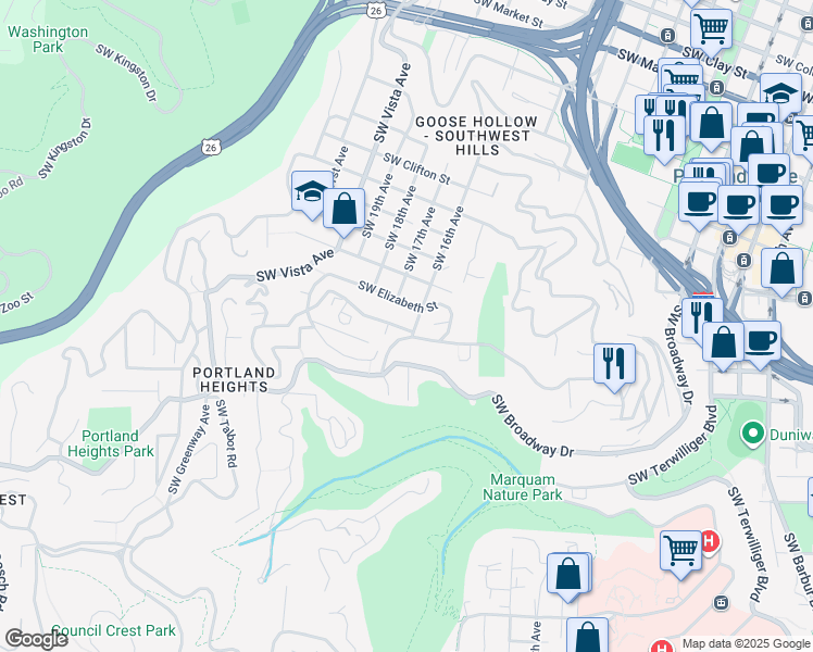 map of restaurants, bars, coffee shops, grocery stores, and more near 2585 Southwest 16th Avenue in Portland
