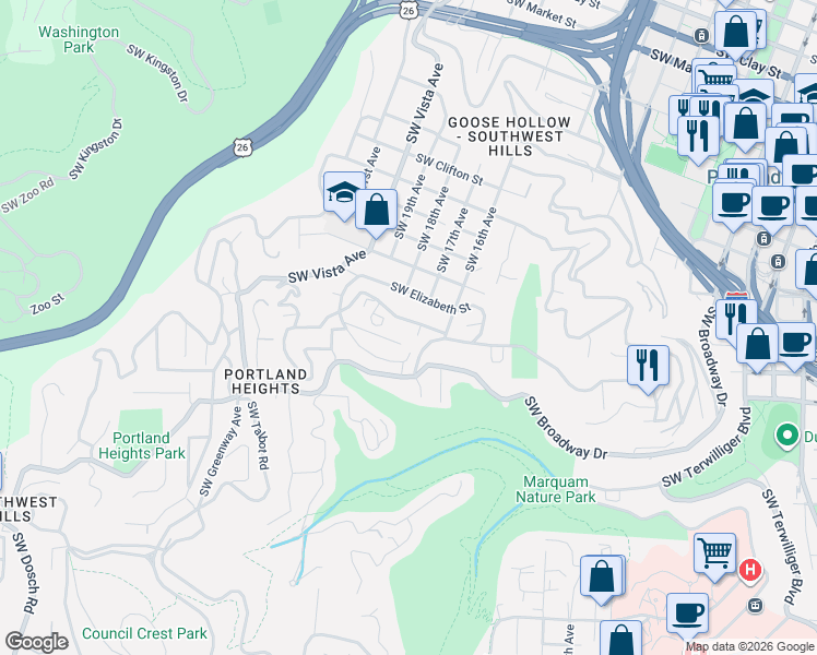 map of restaurants, bars, coffee shops, grocery stores, and more near 1708 Southwest Hawthorne Terrace in Portland