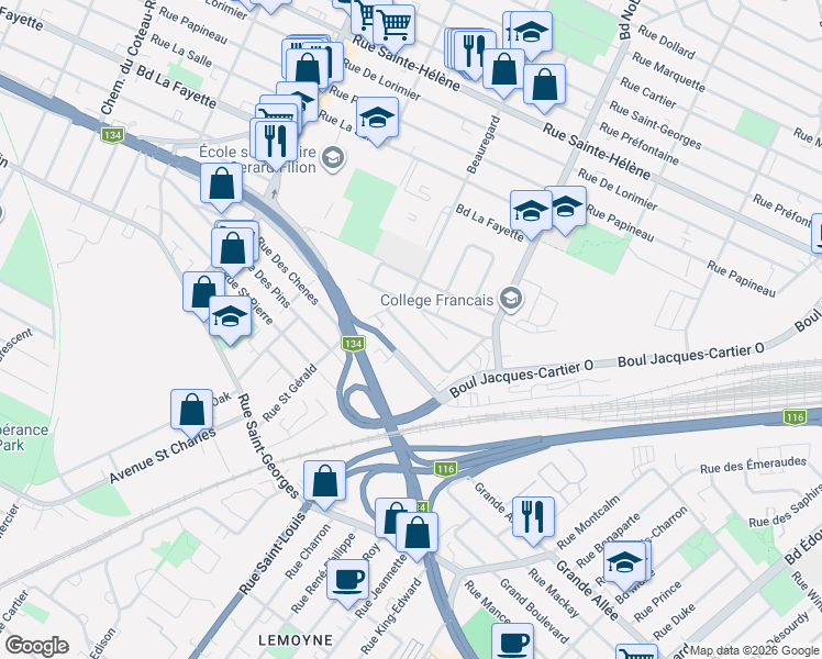 map of restaurants, bars, coffee shops, grocery stores, and more near 2255 Rue Sainte-Marguerite in Longueuil
