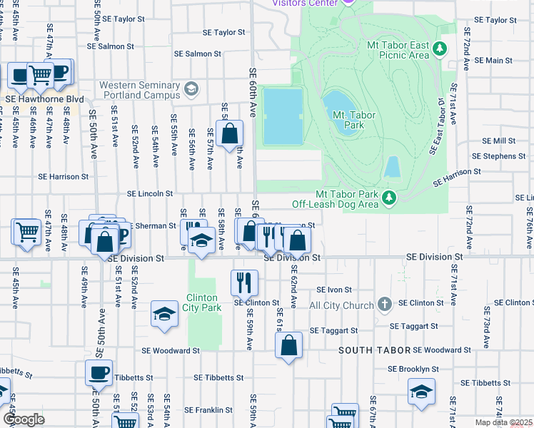 map of restaurants, bars, coffee shops, grocery stores, and more near 6045 Southeast Sherman Street in Portland
