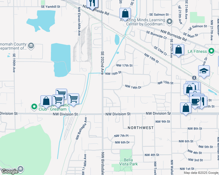 map of restaurants, bars, coffee shops, grocery stores, and more near 2135 Northwest 14th Street in Gresham