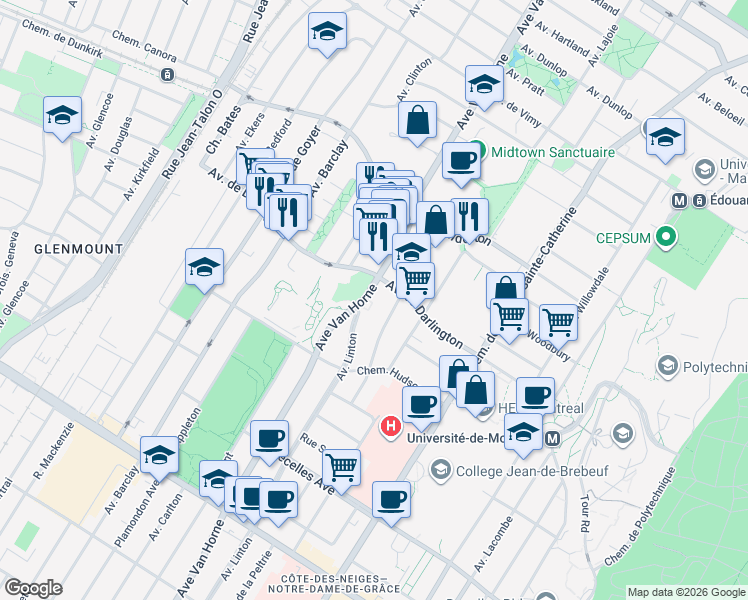 map of restaurants, bars, coffee shops, grocery stores, and more near 2940 Avenue Van Horne in Montrã©Al