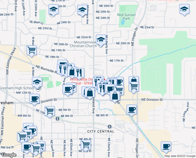map of restaurants, bars, coffee shops, grocery stores, and more near 1410 Northeast Cleveland Avenue in Gresham