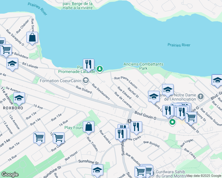 map of restaurants, bars, coffee shops, grocery stores, and more near 4860 Rue Lucerne in Pierrefonds