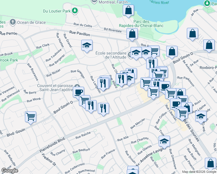 map of restaurants, bars, coffee shops, grocery stores, and more near 5012 Rue Cardinal in Montréal