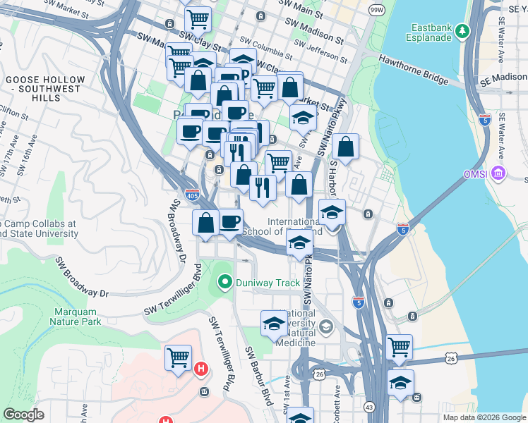 map of restaurants, bars, coffee shops, grocery stores, and more near 310 Southwest Lincoln Street in Portland