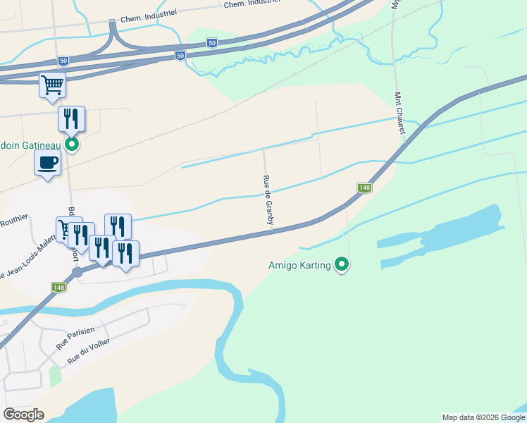 map of restaurants, bars, coffee shops, grocery stores, and more near 11 Rue de Granby in Gatineau