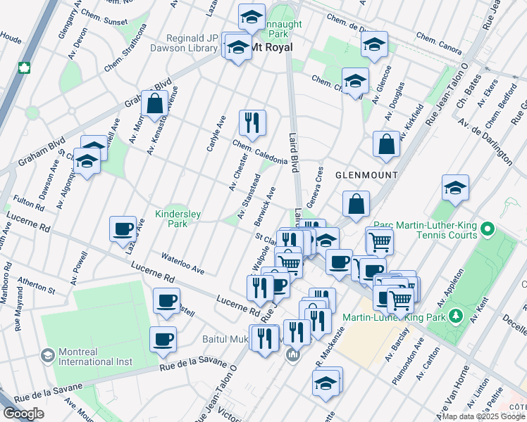 map of restaurants, bars, coffee shops, grocery stores, and more near 423 Berwick Avenue in Mount Royal