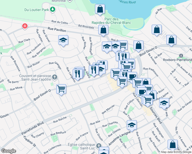 map of restaurants, bars, coffee shops, grocery stores, and more near 11987 Boulevard Gouin Ouest in Montréal
