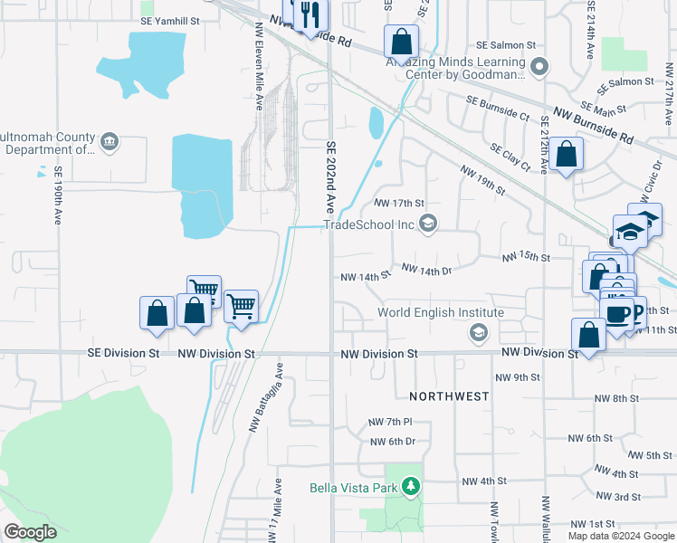 map of restaurants, bars, coffee shops, grocery stores, and more near 2135 Northwest 14th Street in Gresham