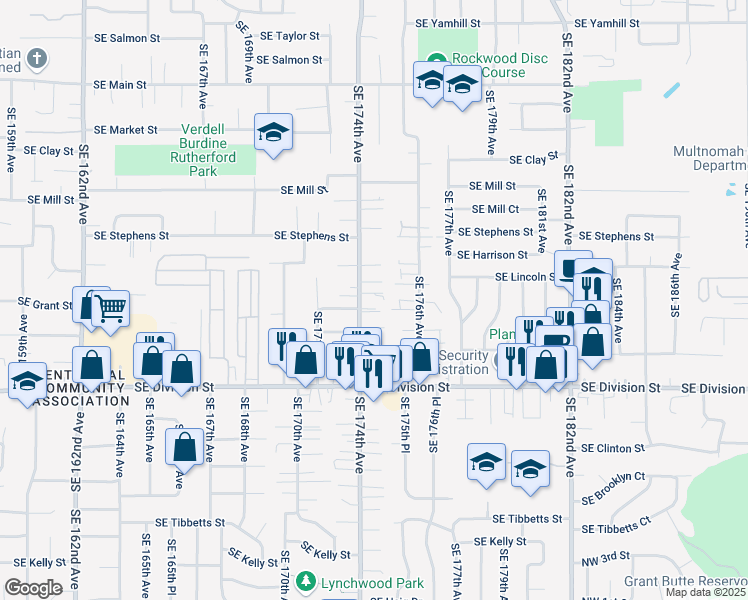 map of restaurants, bars, coffee shops, grocery stores, and more near 17429 Southeast Grant Lane in Portland