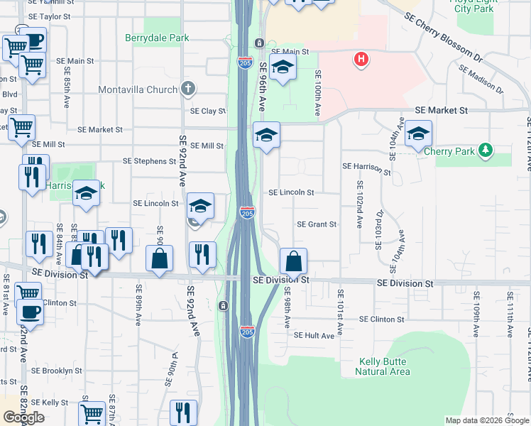 map of restaurants, bars, coffee shops, grocery stores, and more near 2166 Southeast 96th Avenue in Portland