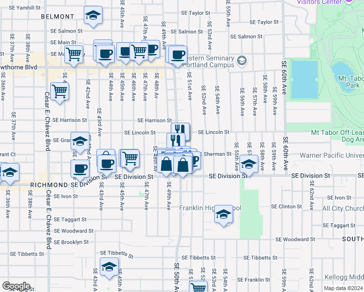 map of restaurants, bars, coffee shops, grocery stores, and more near 4917 Southeast Sherman Street in Portland