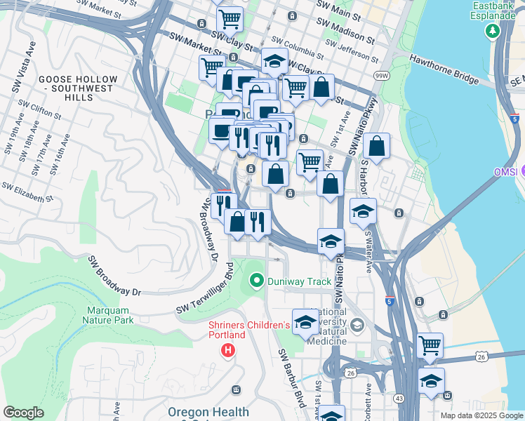 map of restaurants, bars, coffee shops, grocery stores, and more near 2211 Southwest 4th Avenue in Portland