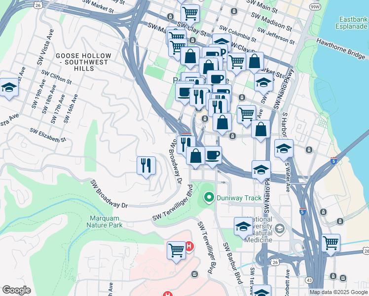 map of restaurants, bars, coffee shops, grocery stores, and more near 623 Southwest Sherman Street in Portland