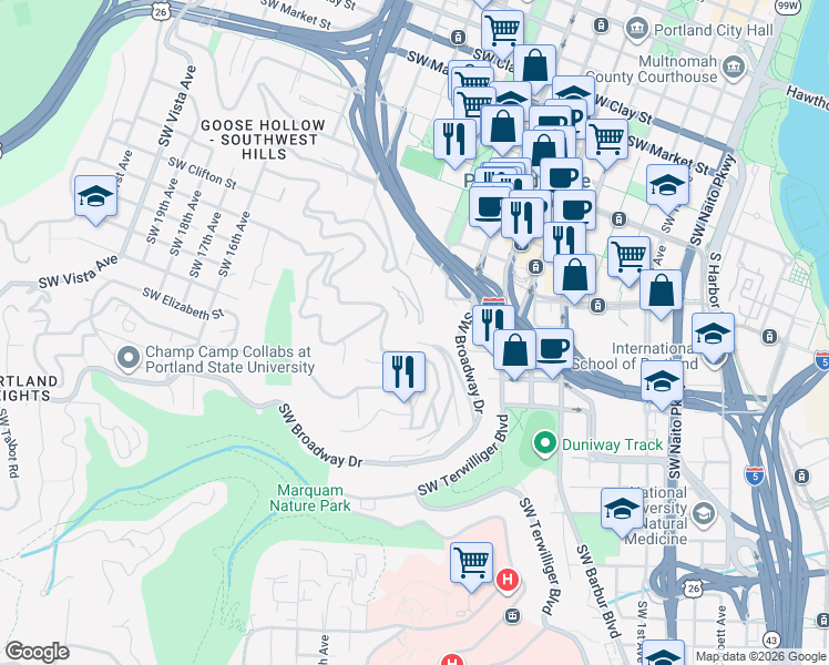 map of restaurants, bars, coffee shops, grocery stores, and more near 2562 Southwest Buckingham Avenue in Portland