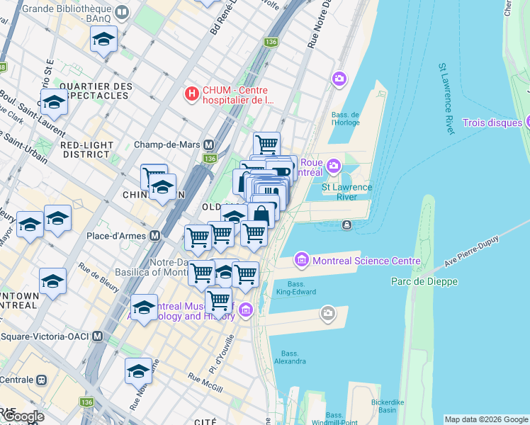 map of restaurants, bars, coffee shops, grocery stores, and more near 168 Rue Saint-Amable in Montréal