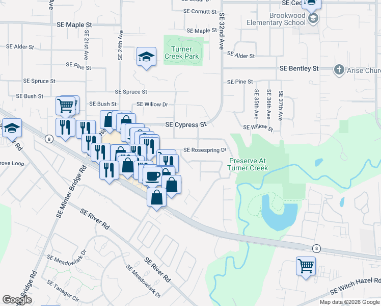 map of restaurants, bars, coffee shops, grocery stores, and more near 2932 Southeast Rosespring Drive in Hillsboro