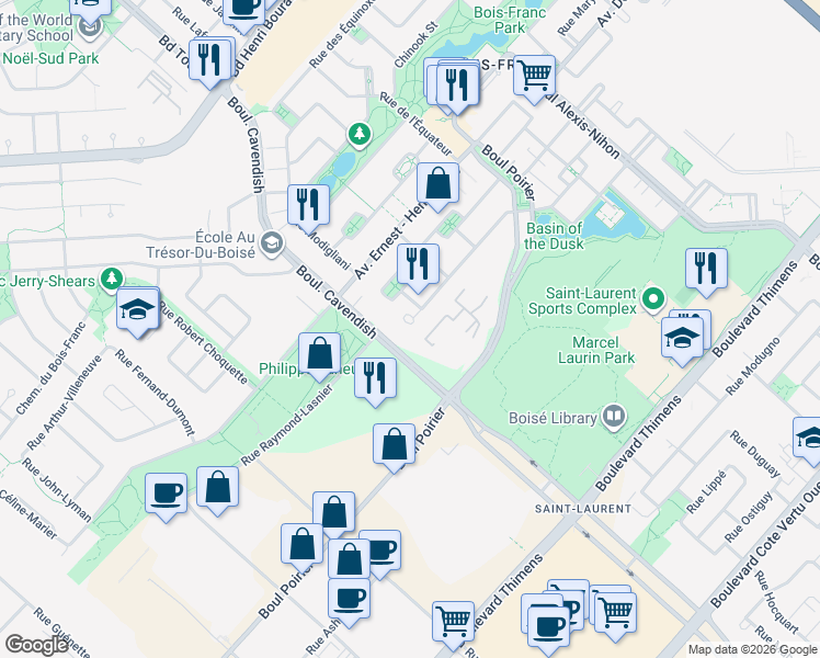 map of restaurants, bars, coffee shops, grocery stores, and more near 2965 Place Cherry in Montréal