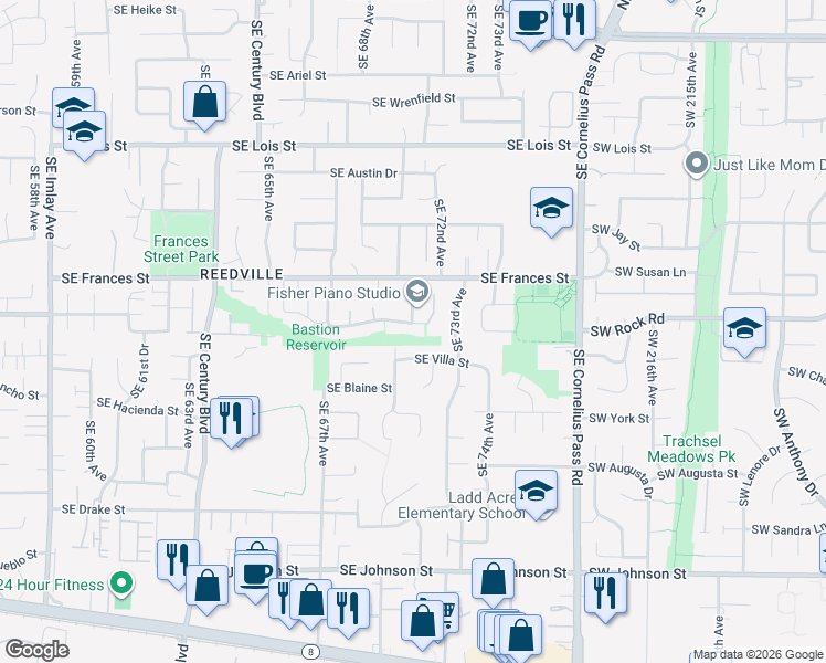map of restaurants, bars, coffee shops, grocery stores, and more near 7104 Southeast Reedville Creek Drive in Hillsboro