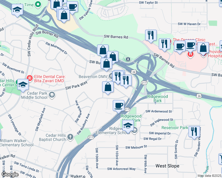map of restaurants, bars, coffee shops, grocery stores, and more near 10010 Southwest Wilshire Street in Portland