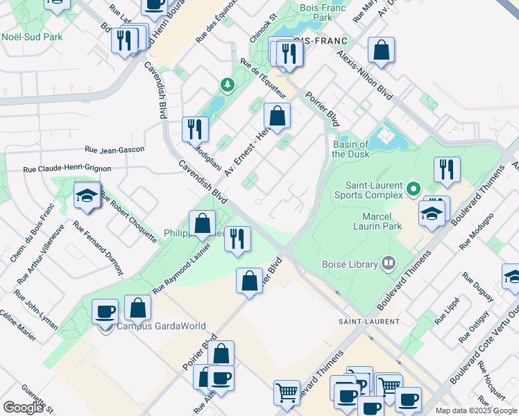 map of restaurants, bars, coffee shops, grocery stores, and more near in Montreal