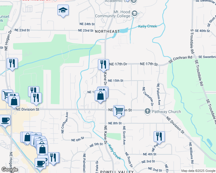 map of restaurants, bars, coffee shops, grocery stores, and more near 1304 Northeast Kane Drive in Gresham