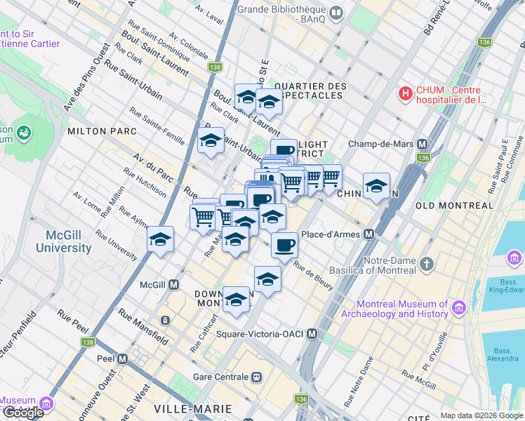 map of restaurants, bars, coffee shops, grocery stores, and more near 195 Chemin de la Côte-Sainte-Catherine in Montréal