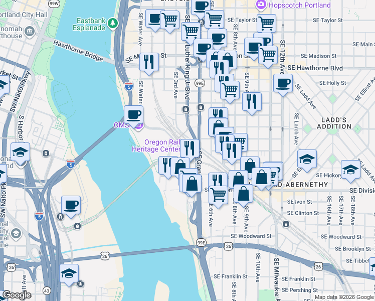 map of restaurants, bars, coffee shops, grocery stores, and more near 2250 Southeast Water Avenue in Portland