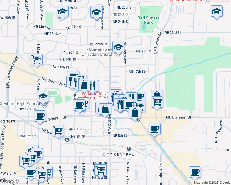 map of restaurants, bars, coffee shops, grocery stores, and more near 1410 Northeast Cleveland Avenue in Gresham