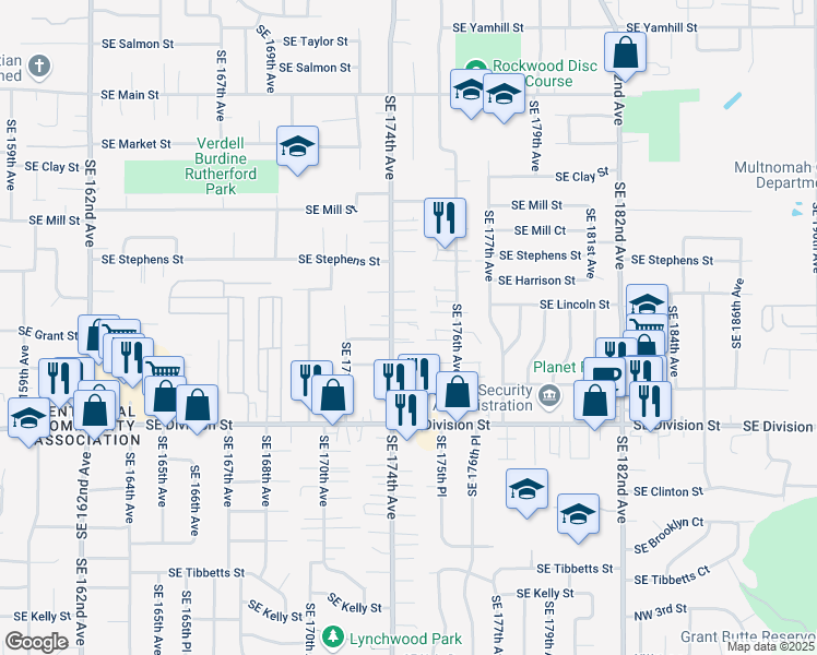 map of restaurants, bars, coffee shops, grocery stores, and more near 17429 Southeast Grant Lane in Portland