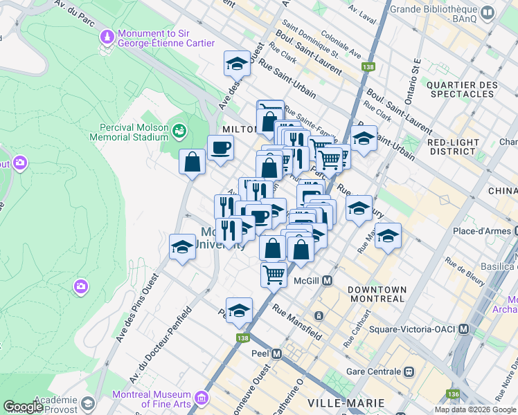 map of restaurants, bars, coffee shops, grocery stores, and more near 3501 Avenue Lorne in Montréal