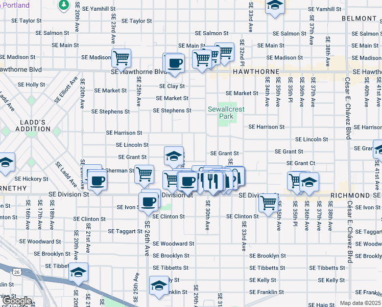 map of restaurants, bars, coffee shops, grocery stores, and more near 2135 Southeast 29th Avenue in Portland
