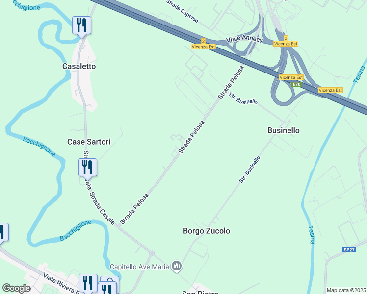 map of restaurants, bars, coffee shops, grocery stores, and more near 93 Strada Pelosa in Vicenza