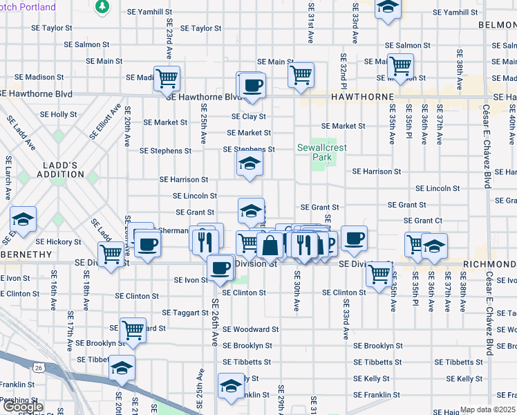 map of restaurants, bars, coffee shops, grocery stores, and more near 2827 Southeast Grant Street in Portland