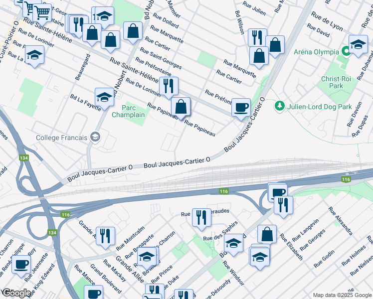 map of restaurants, bars, coffee shops, grocery stores, and more near 1305 Boulevard Jacques Cartier Ouest in Longueuil