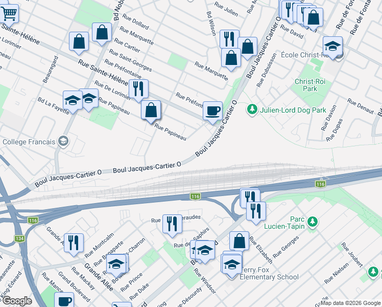 map of restaurants, bars, coffee shops, grocery stores, and more near Boulevard Jacques-Cartier Ouest in Longueuil