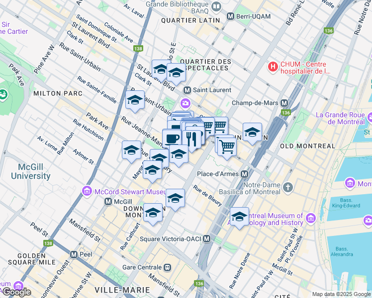 map of restaurants, bars, coffee shops, grocery stores, and more near 1255 Rue Jeanne-Mance in Montréal