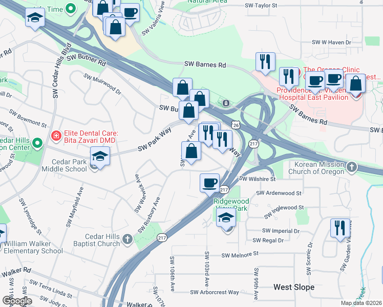 map of restaurants, bars, coffee shops, grocery stores, and more near 1800 Southwest Marlow Avenue in Portland