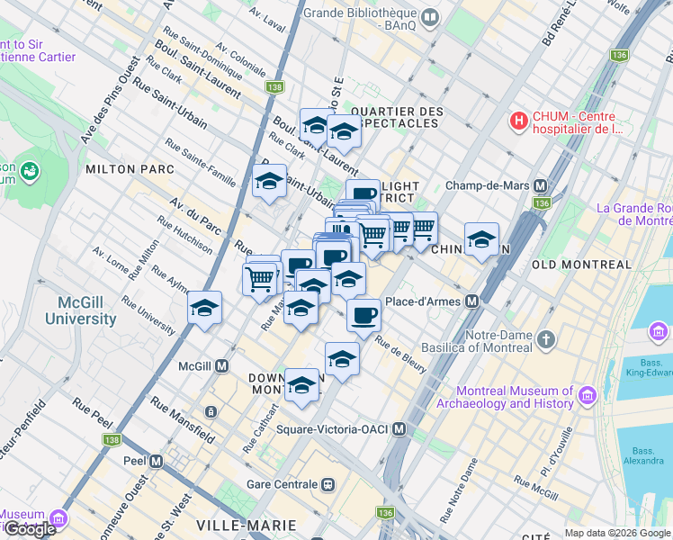 map of restaurants, bars, coffee shops, grocery stores, and more near 195 Chemin de la Côte-Sainte-Catherine in Montréal