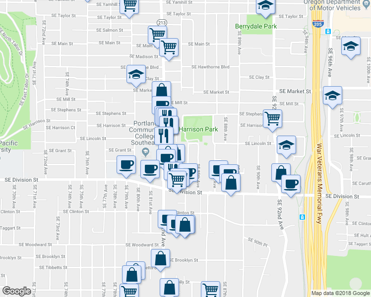 map of restaurants, bars, coffee shops, grocery stores, and more near 2121 Southeast 84th Avenue in Portland