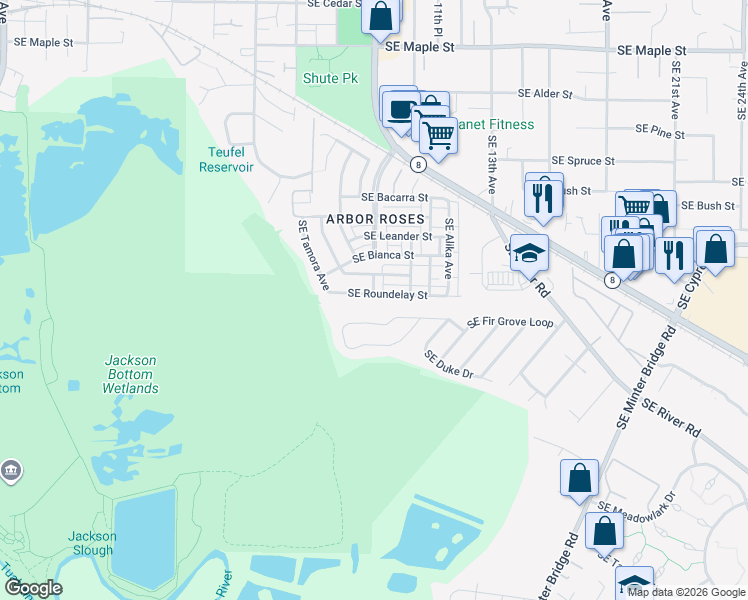 map of restaurants, bars, coffee shops, grocery stores, and more near 1066 Southeast Roundelay Street in Hillsboro