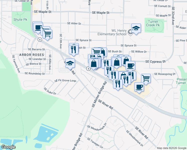 map of restaurants, bars, coffee shops, grocery stores, and more near 1901 Southeast Minter Bridge Road in Hillsboro